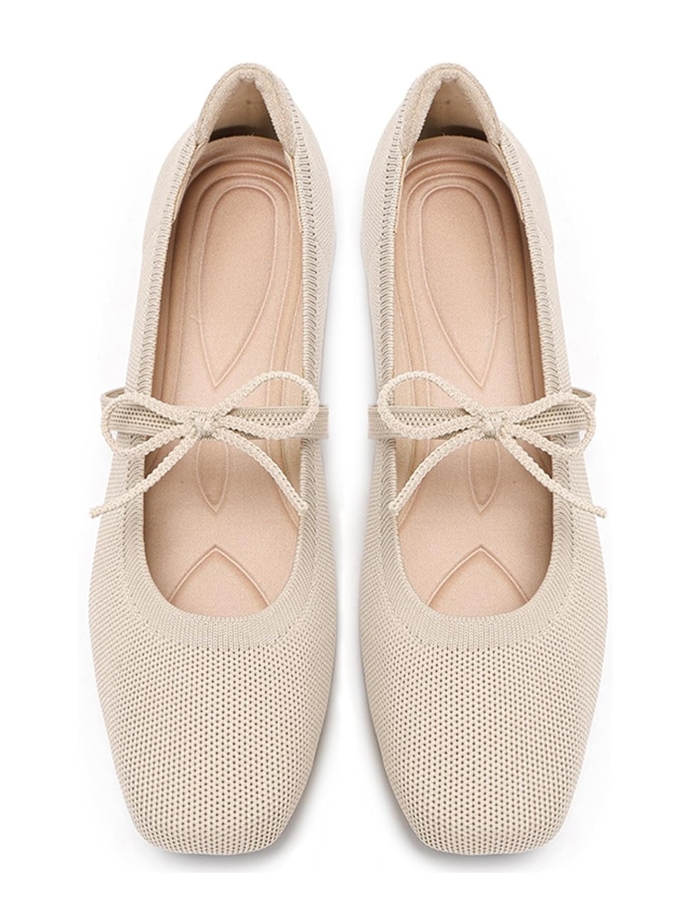 Beige Tan Square Toe Mary Jane Knit Flats Breathable with Bow Strap 8